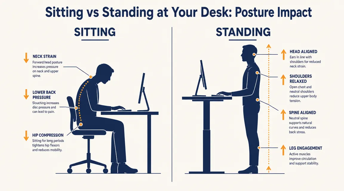 Split illustration showing slouched sitting posture versus upright standing posture at a desk