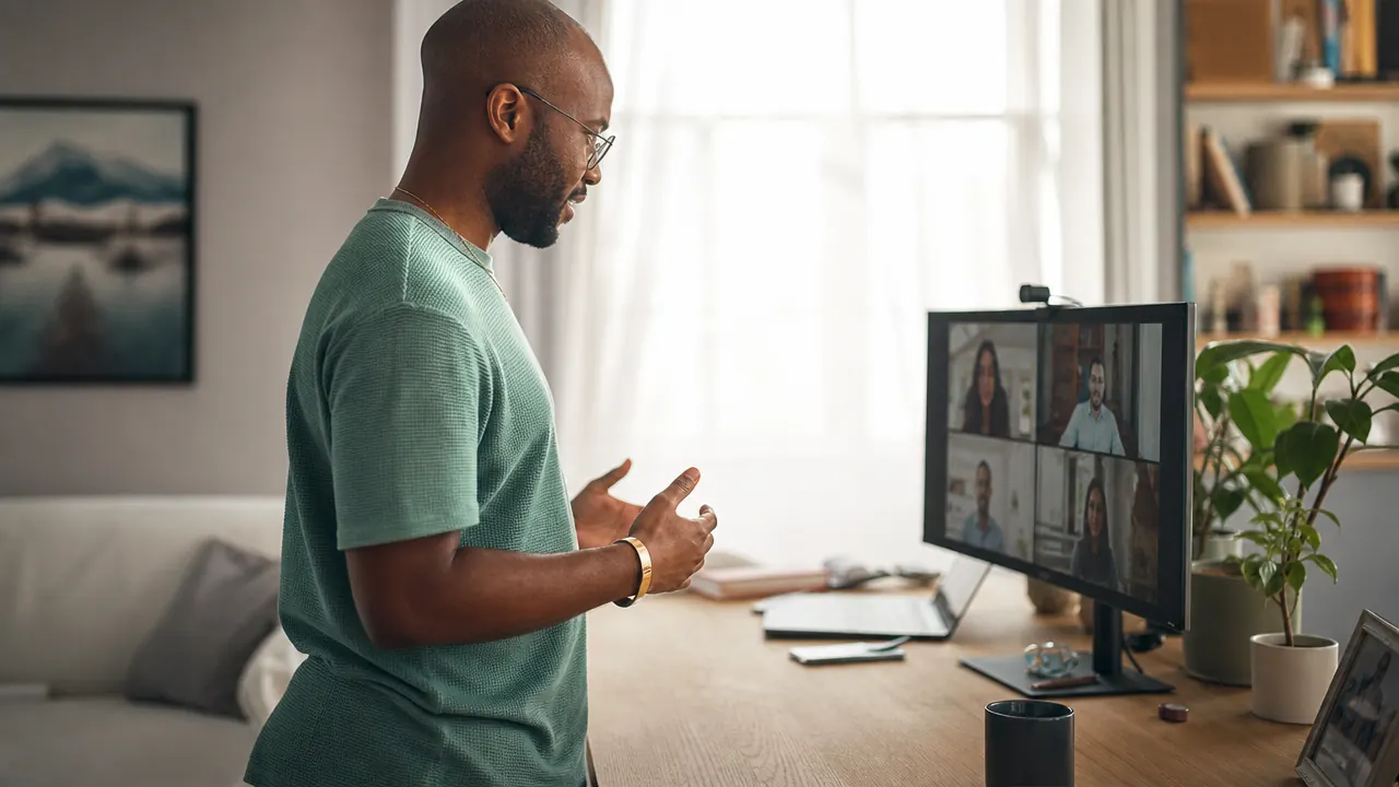 Remote worker standing at their desk during a video call, looking focused and energized