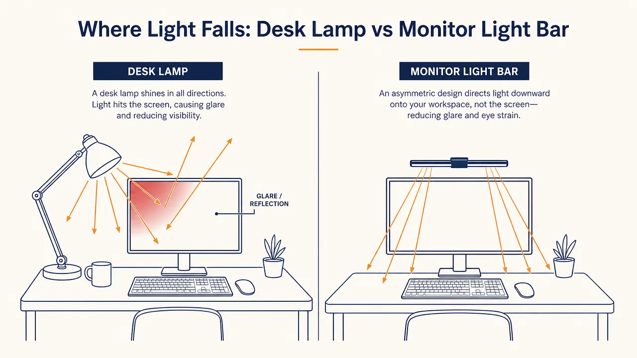 Side-by-side diagram comparing where light from a traditional desk lamp falls versus a monitor light bar, showing screen glare with the lamp and clean screen with the light bar