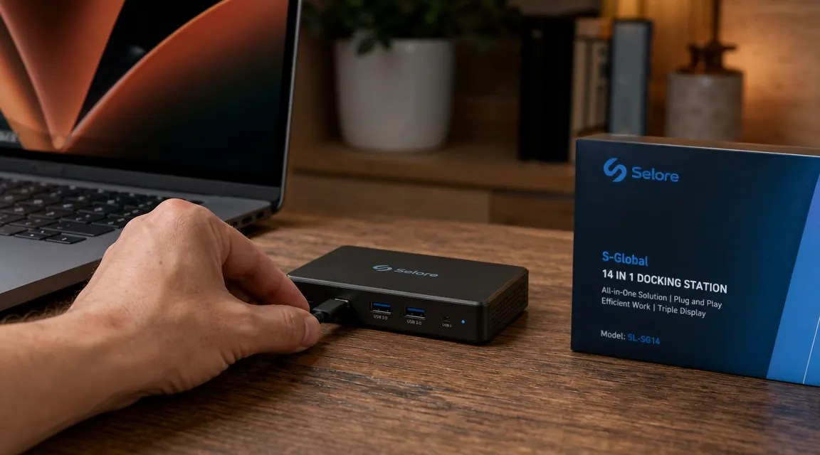 Hand plugging a single USB-C cable into a Selore docking station sitting beside a laptop
