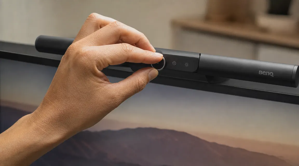 Close-up of a hand adjusting the touch dial on a BenQ ScreenBar to change brightness, soft focus monitor in background