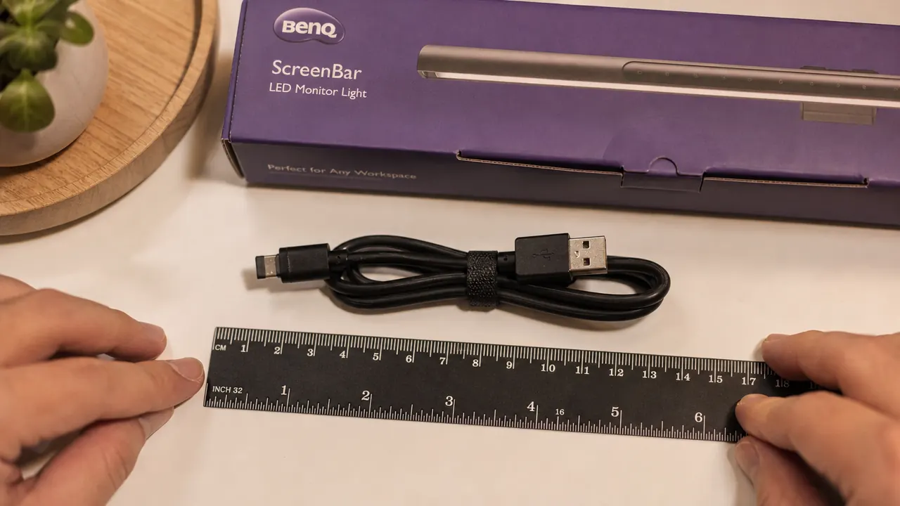 BenQ ScreenBar USB-A cable being measured next to a ruler showing it is approximately 59 centimeters long, white desk surface