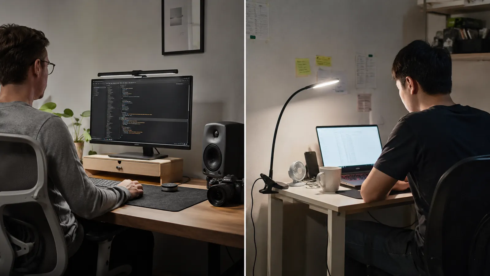 Two home office setups side by side, left shows a minimalist setup with expensive gear including the BenQ ScreenBar, right shows a budget-friendly desk with a clip-on LED lamp, both look clean and functional