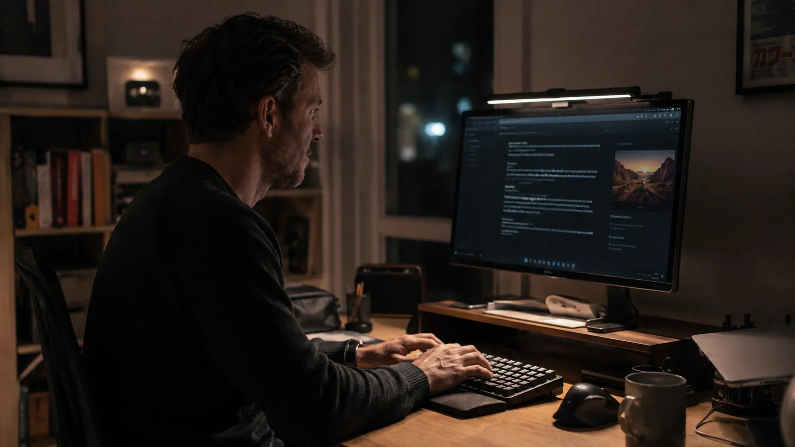 Home office desk at night, BenQ ScreenBar casting a focused pool of warm light on the keyboard and desk surface without touching the screen