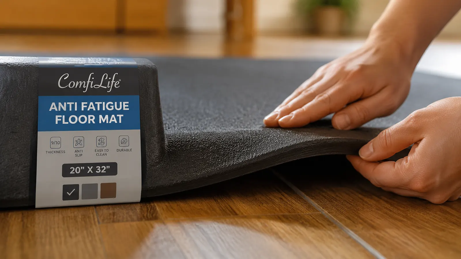 Close-up of the beveled edge of an anti-fatigue mat showing slight compression and minor curl on the step-on side