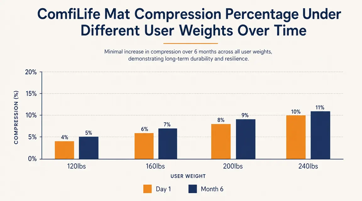Chart comparing cushioning compression percentage for different user weights on the ComfiLife mat over time