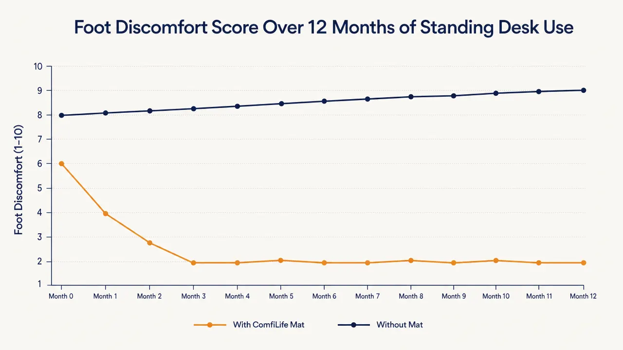 Chart showing foot discomfort score over 12 months of standing desk use, with and without anti-fatigue mat