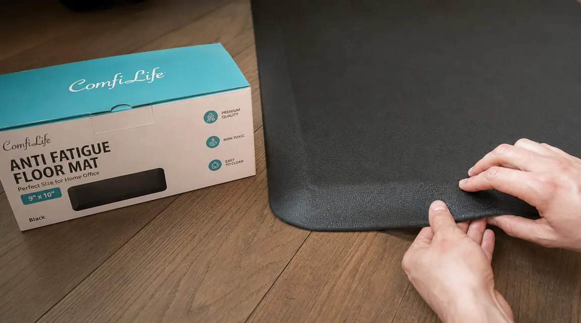 Close-up of the ComfiLife mat edge after one year of daily use, showing minor compression but no curling