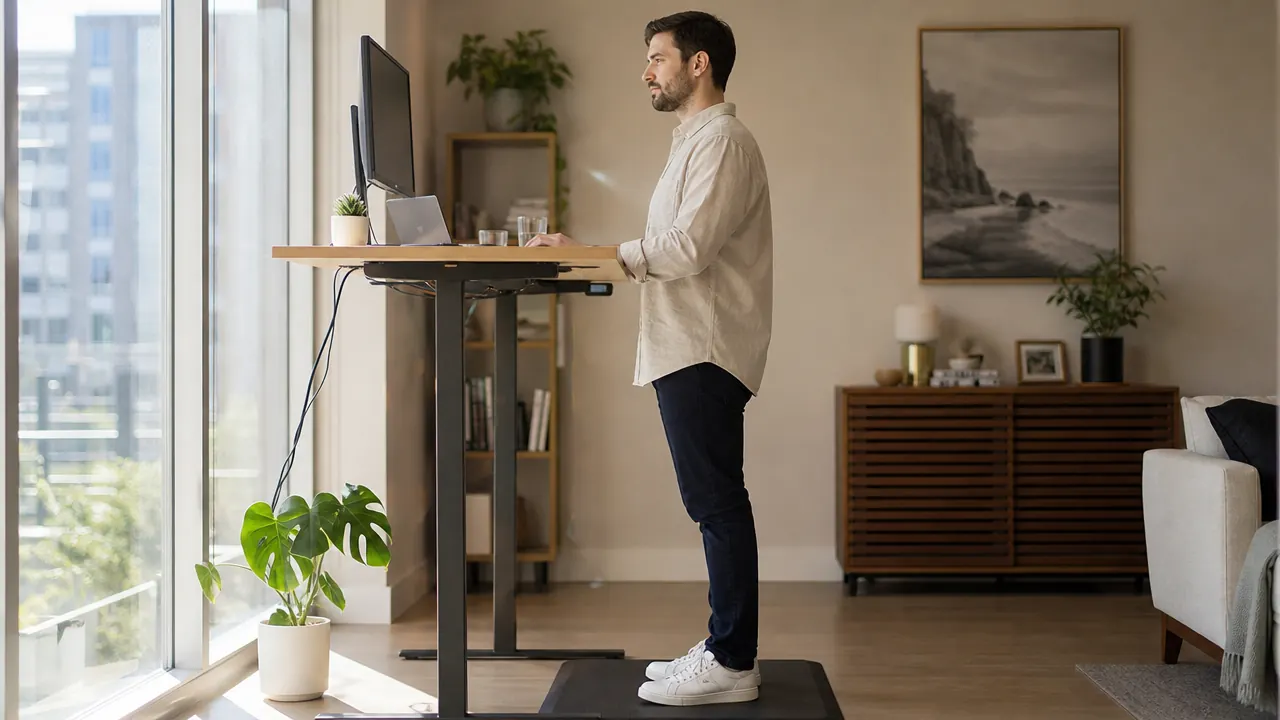 Person working at a standing desk with good posture, feet hip-width apart on a black mat, bright home office
