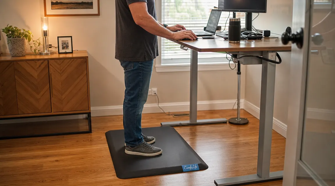 Person standing on the ComfiLife anti-fatigue mat at a standing desk, feet centered on the flat black surface