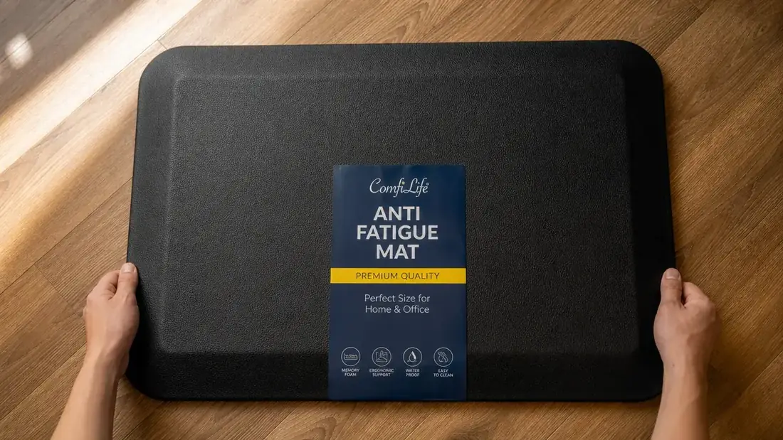 Black ComfiLife anti-fatigue mat on a wooden floor, shown from above to display its beveled edges and surface texture