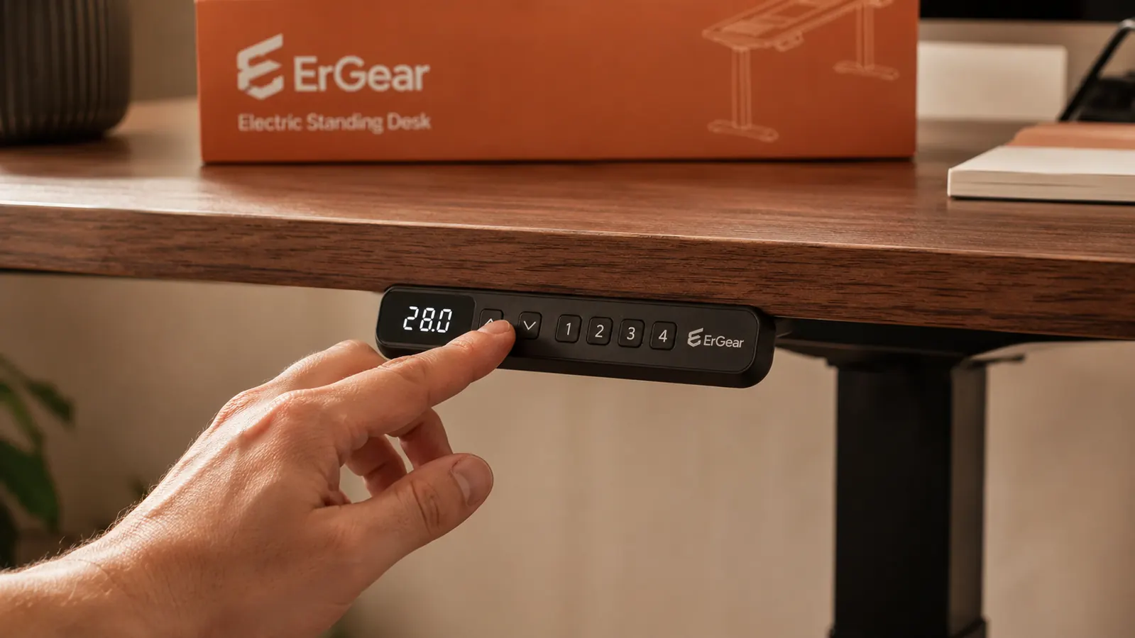 ErGear electric standing desk with memory controller panel showing saved height preset buttons