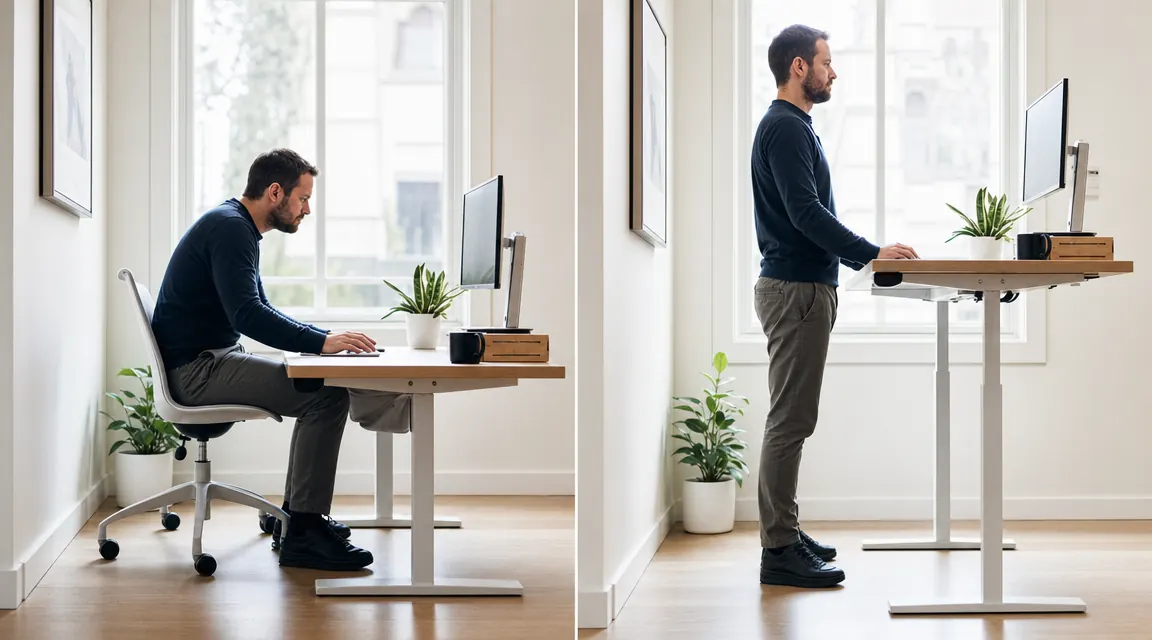 Side-by-side comparison showing a person slumped at a seated desk versus standing tall at the same desk