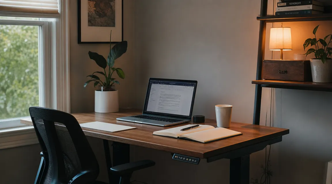 Cozy home office desk corner with a standing desk at sitting height, warm lamp light, notebook and laptop on clean surface