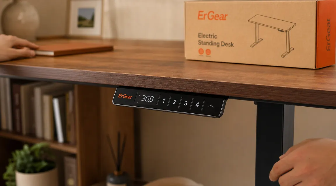 Close-up of the ErGear standing desk control panel showing the four memory preset buttons and LED height display