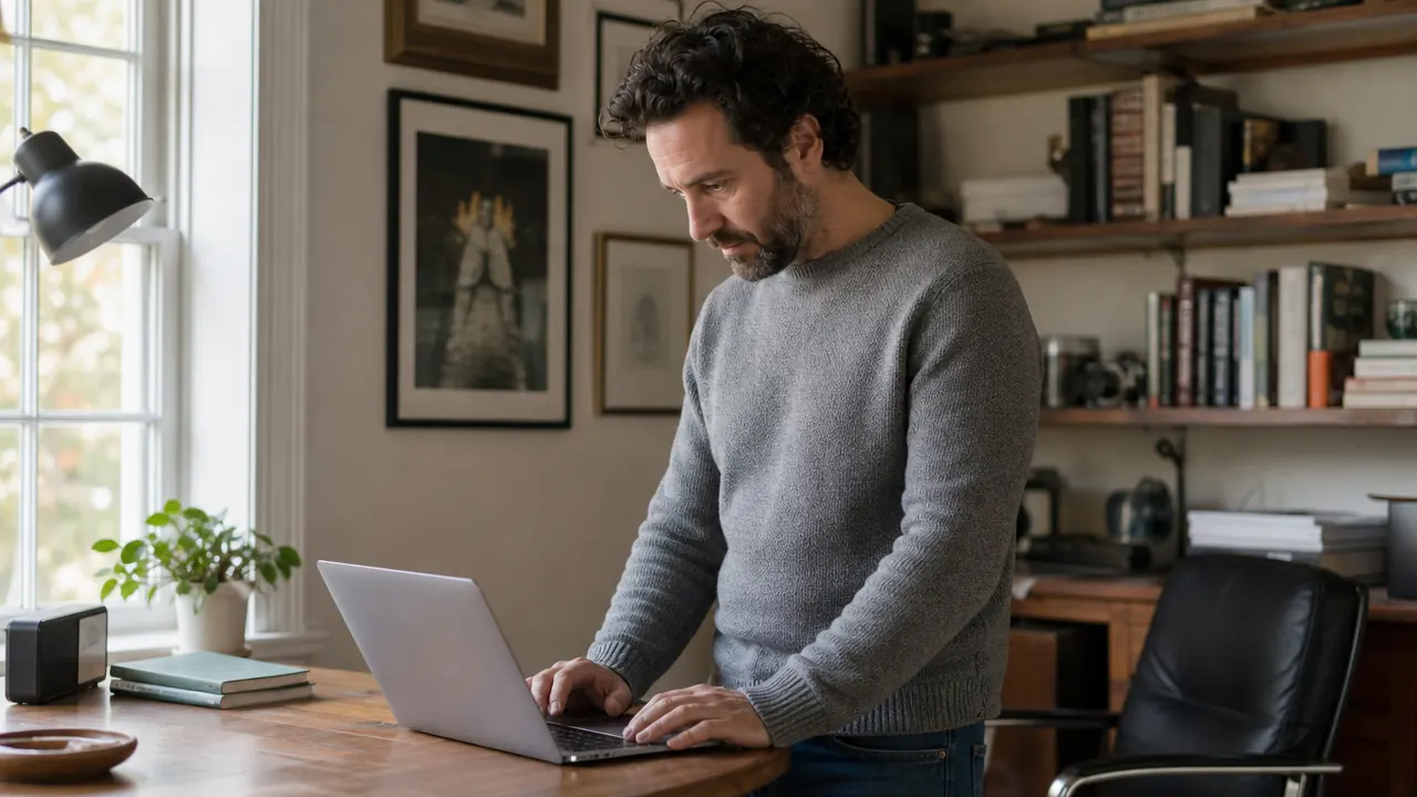Person standing at a desk in a home office, working on a laptop, wearing casual clothes, natural daylight