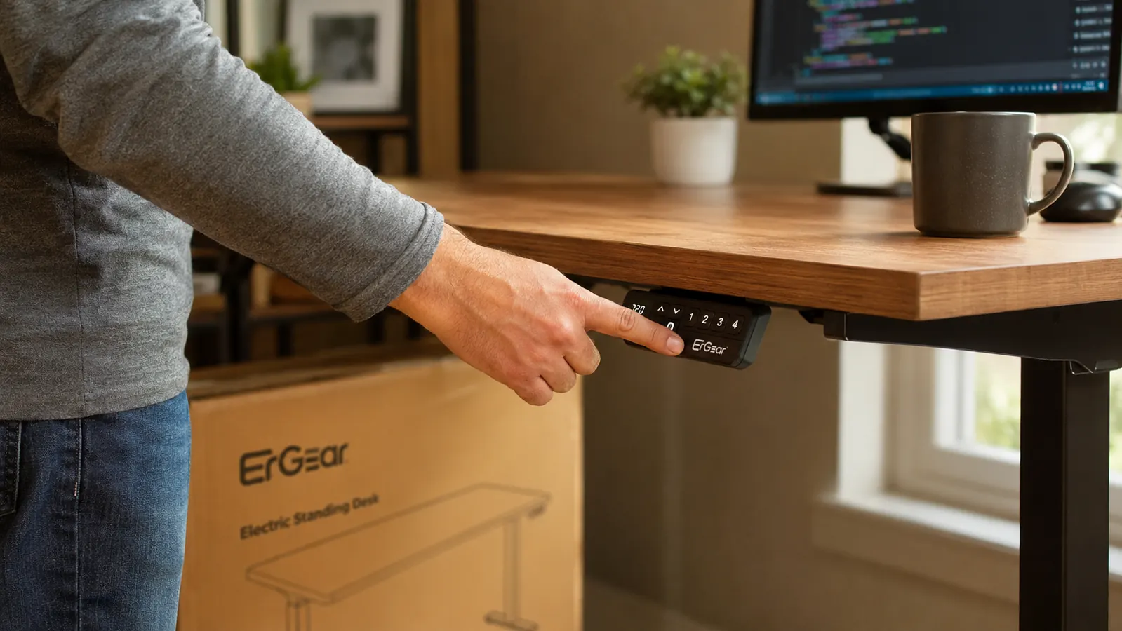 Hand pressing the up button on an electric standing desk control panel mounted under the desk surface