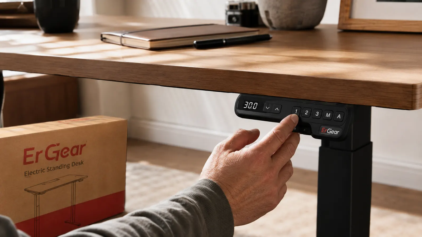 Person adjusting the digital keypad on an ErGear electric standing desk while working from home