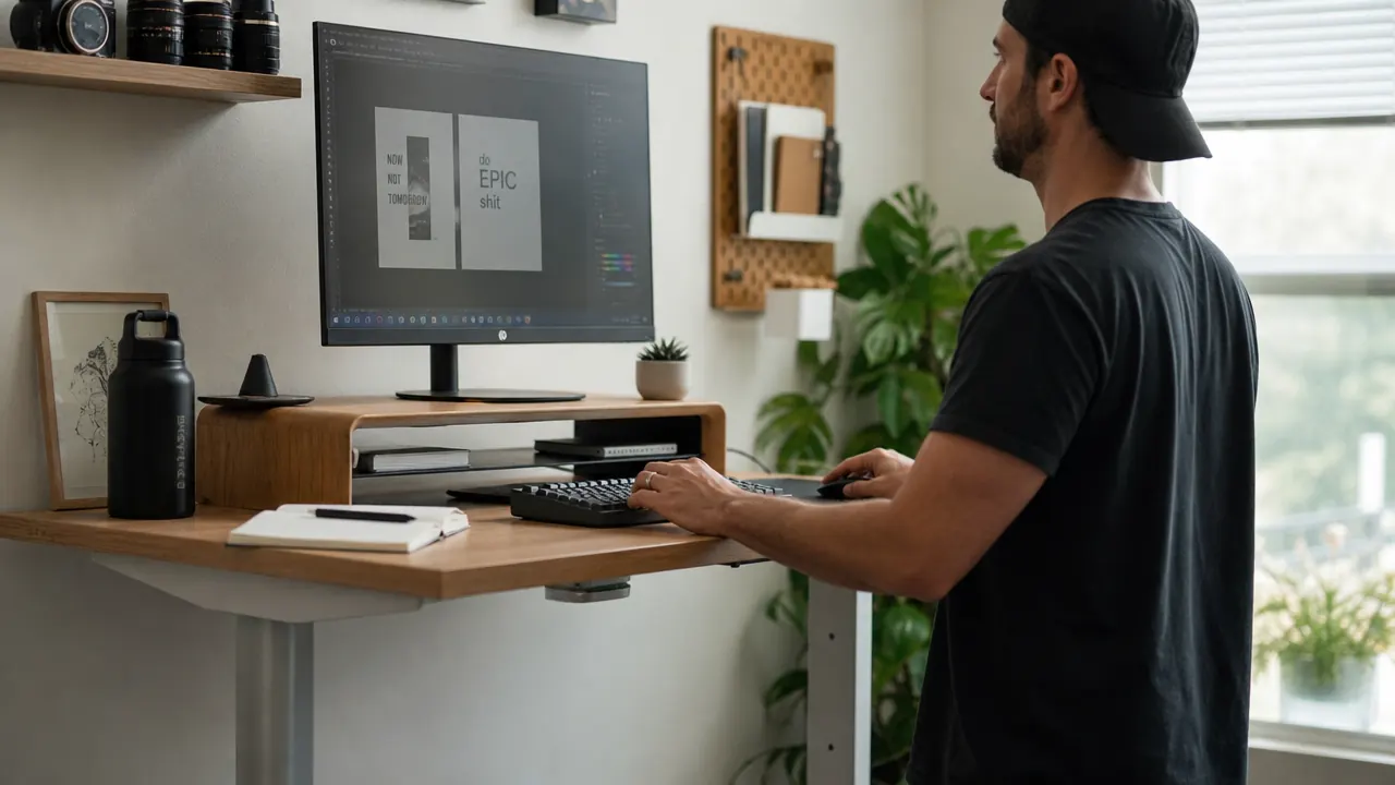 Home office desk setup at standing height with monitor riser, keyboard, and plant, showing a productive ergonomic workspace