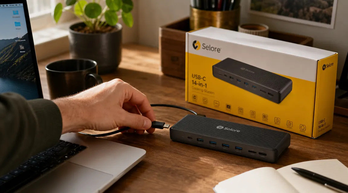 Hand plugging a USB-C cable from a laptop into the Selore 14-in-1 docking station sitting on a wood desk