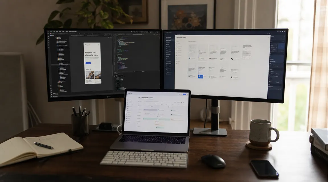 Two monitors extended side by side showing different applications, laptop screen visible below as a third display