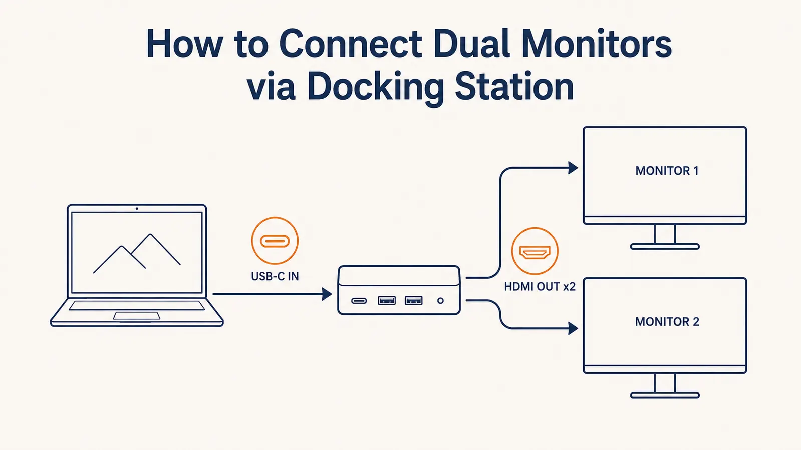 Diagram showing laptop connected to docking station with HDMI cables running to two monitors