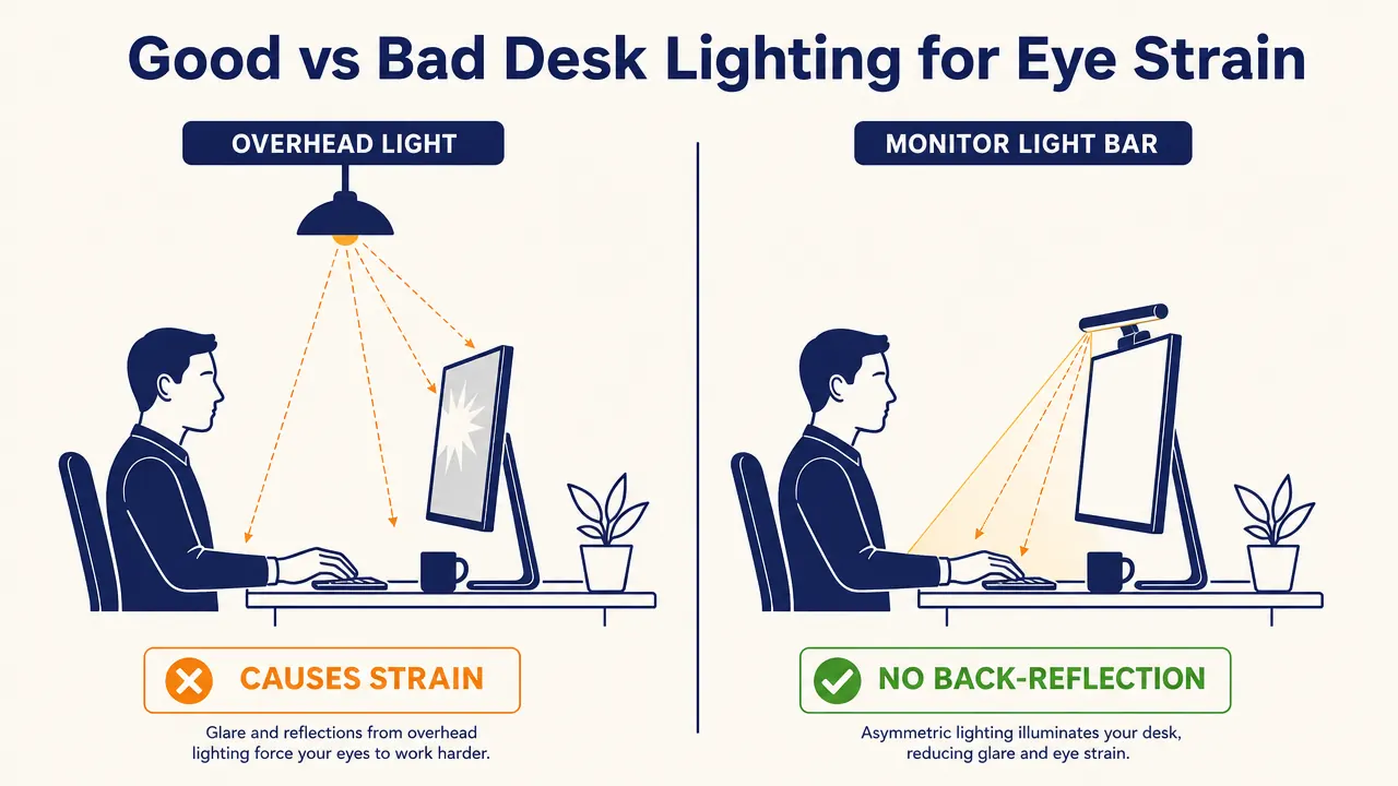 Diagram comparing bad desk lighting (overhead light creating screen glare) versus good lighting (monitor light bar illuminating the desk surface below the screen with no back-reflection)