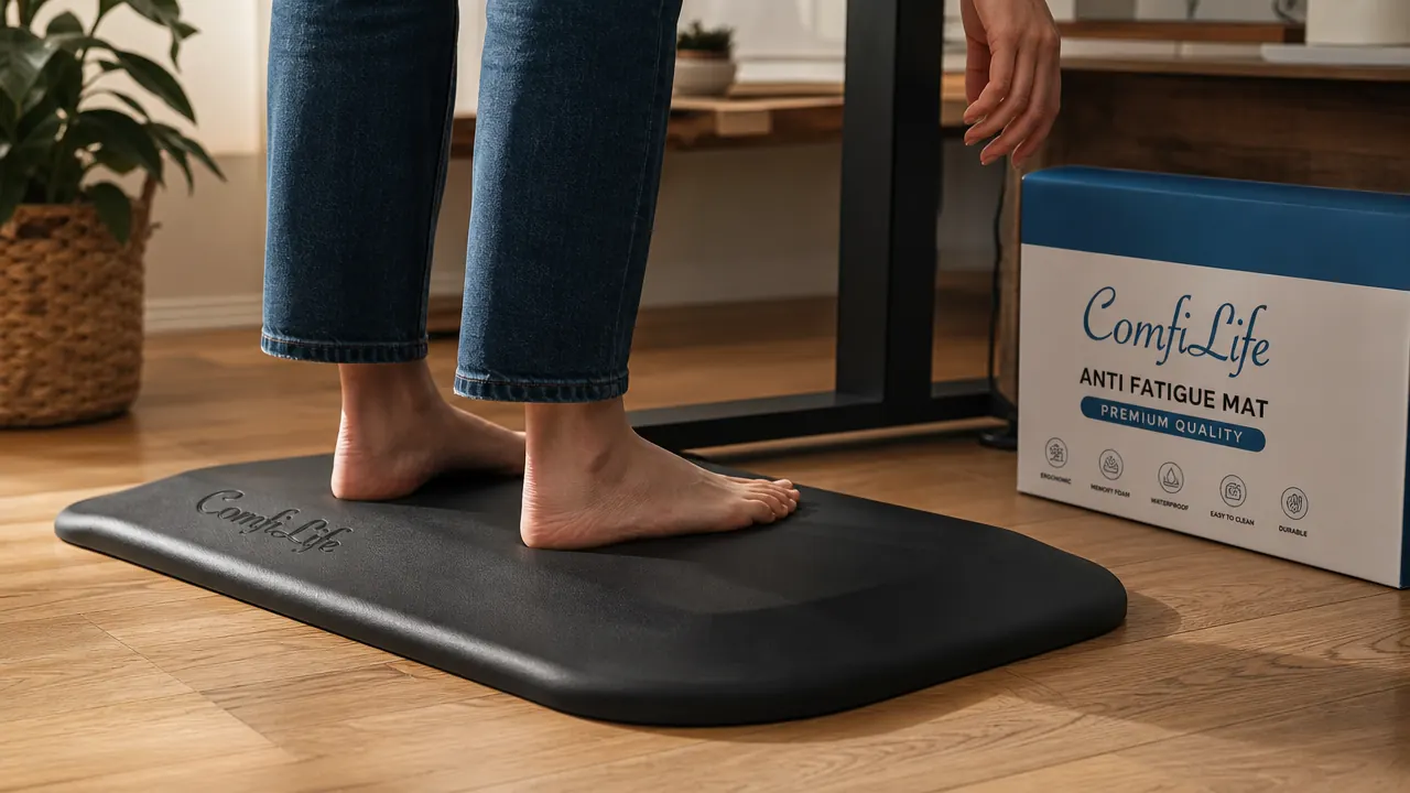 Close-up of feet standing on a black ComfiLife anti-fatigue mat next to a standing desk, showing the mat thickness