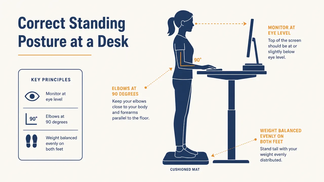 Diagram showing correct standing posture at a desk, with monitor at eye level, elbows at 90 degrees, and weight balanced