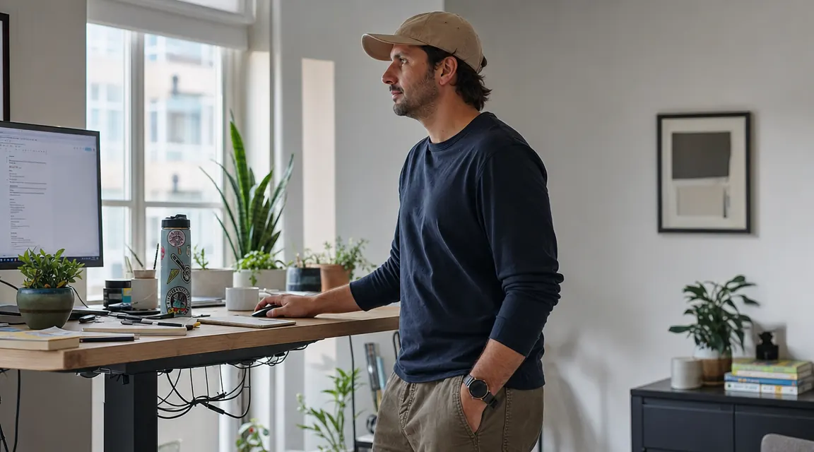 Person shifting their weight to one side while standing at a desk, showing active standing micro-movement