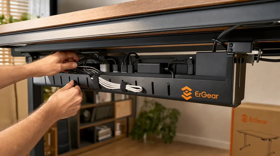 Underneath view of a standing desk showing a cable management tray holding power cords and USB cables neatly organized