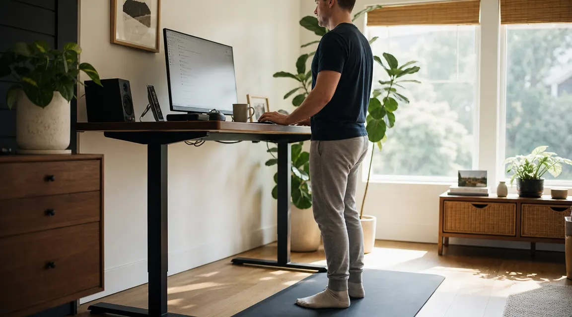 Home office standing desk mat placed in front of an electric standing desk, person standing on it in socks, comfortable posture