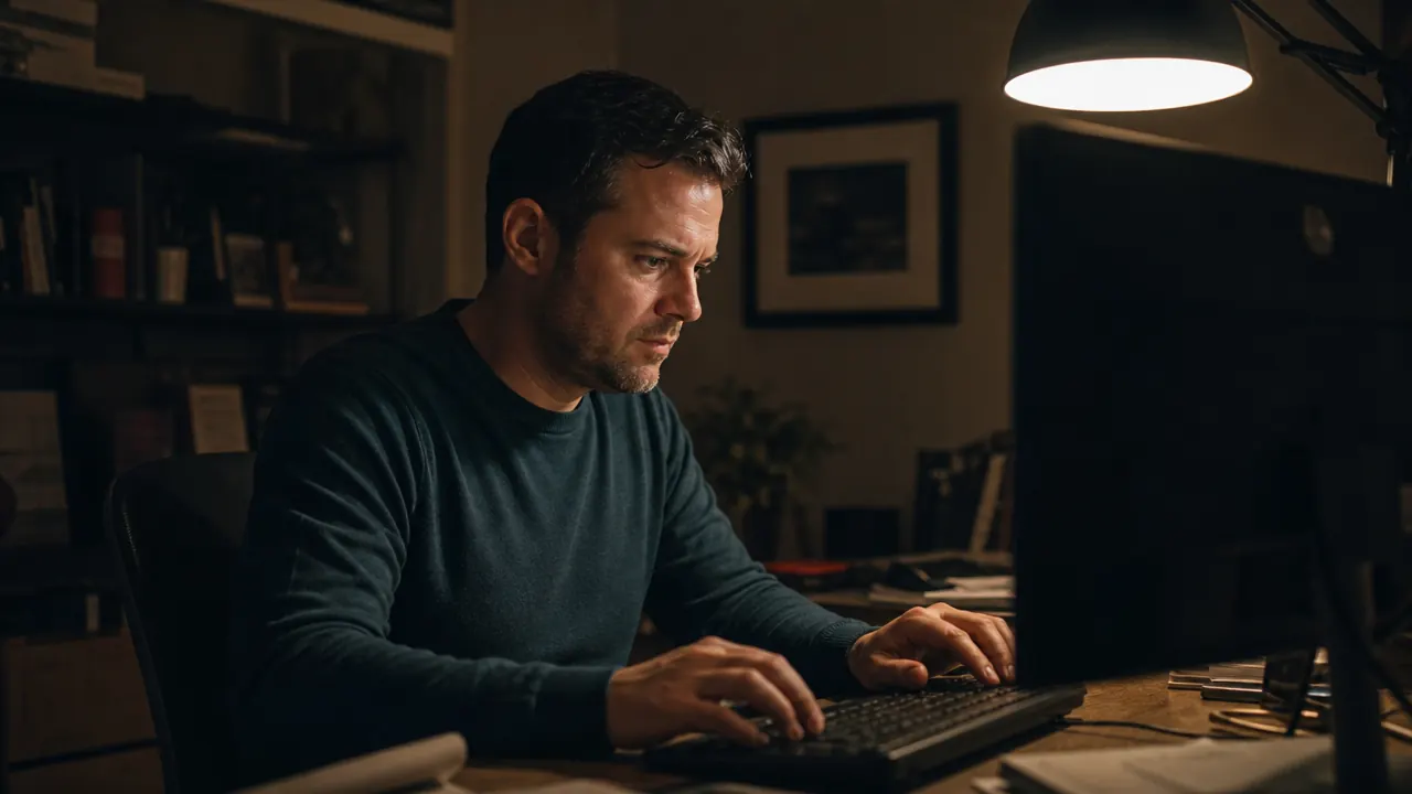 Person working at a home office desk at night with an unlit keyboard, showing the difficulty of typing without backlighting in a dim room