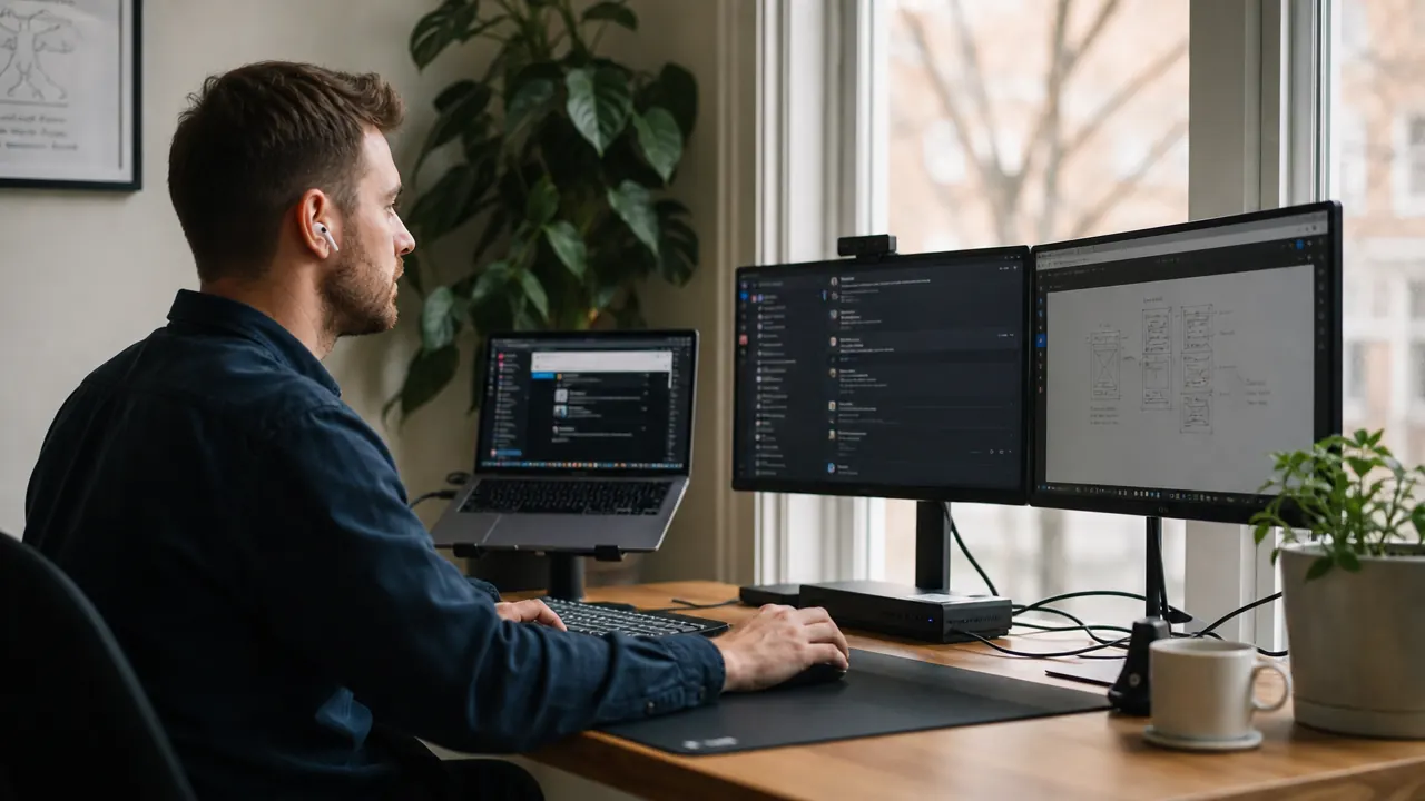 Person working comfortably at a dual-monitor desk setup with a laptop docking station