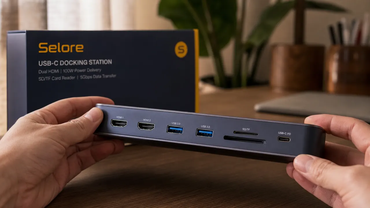 Back panel of the Selore docking station showing dual HDMI ports, USB-A ports, SD card slot, and USB-C power delivery port