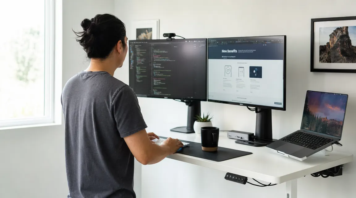 Person at a standing desk with dual monitors running from one docking station, laptop to the side, clean cable management