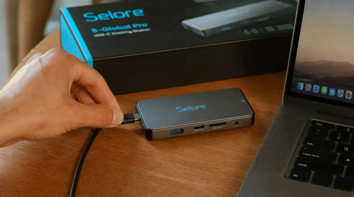 Hand connecting a USB-C cable from a MacBook into the Selore docking station