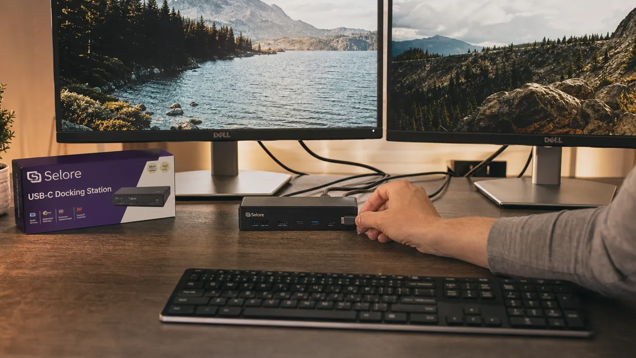 Hand plugging a single USB-C cable into the Selore docking station while two monitors and a keyboard are already connected