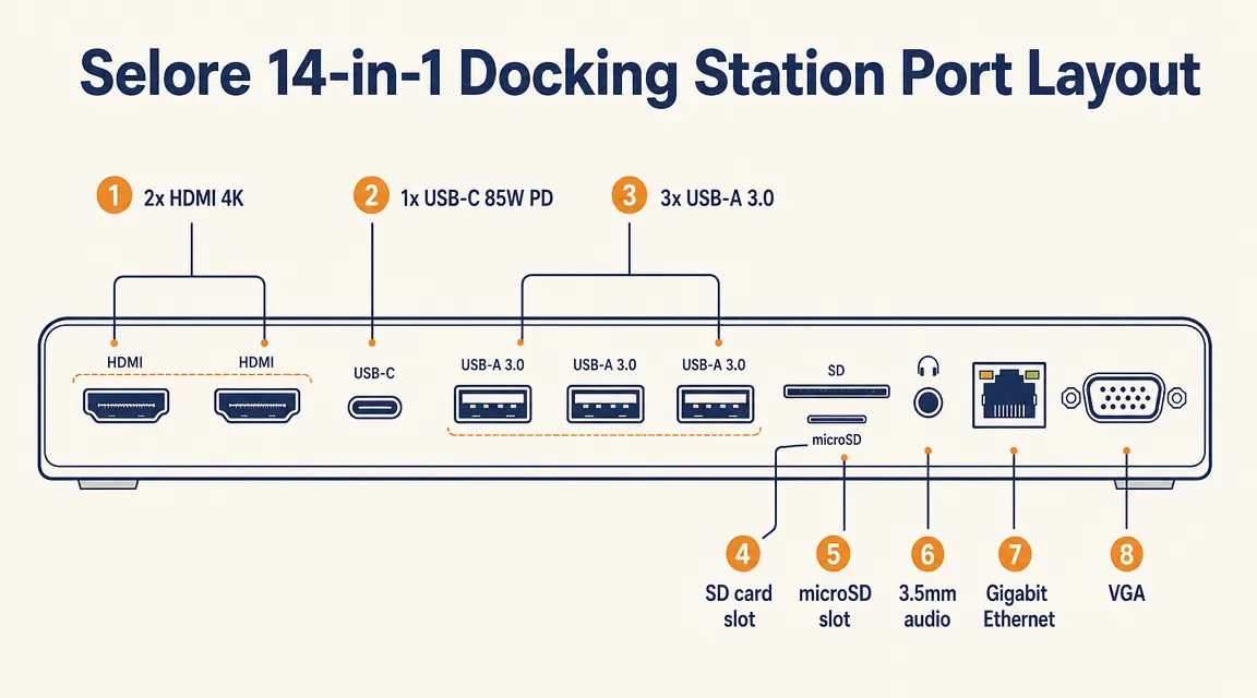 Chart showing port layout of the Selore 14-in-1 docking station with labeled connection types